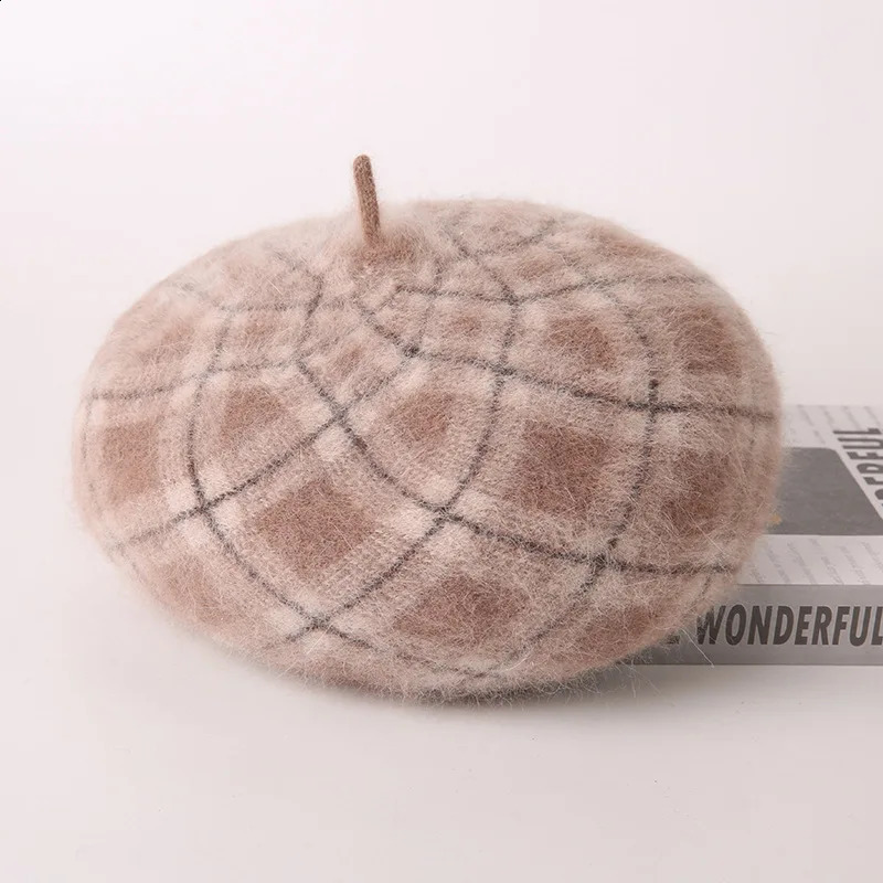 Beret Hat Women Winter Autumn Angora Wool Knit Beanie Plaid Warm Skiing Accessory For Sports Outdoors Holiday 241226
