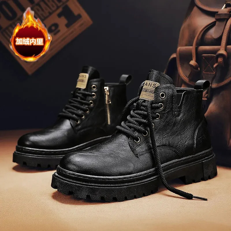 Mens Boots Low-top Motorcycle Boot Casual Leather Work Shoes Men Short Velvet Warm Non-slip Waterproof Trendy Mens Shoe 241231