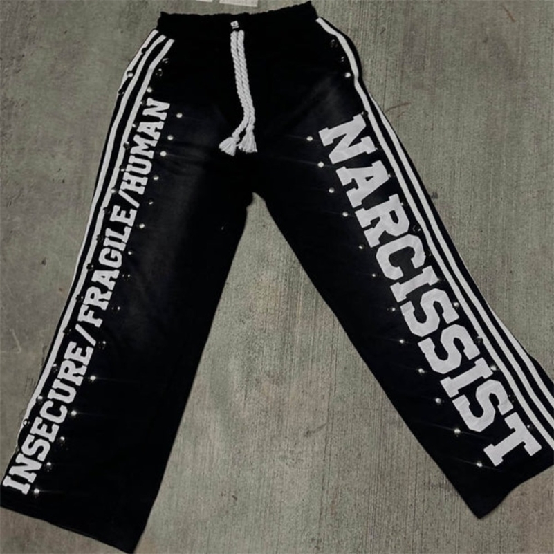 Gothic Letter Patchwork Y2k Clothes for Men Hip Hop Retro Sequin Striped Sweatpants T Shirt Two Piece Set Casual 241228
