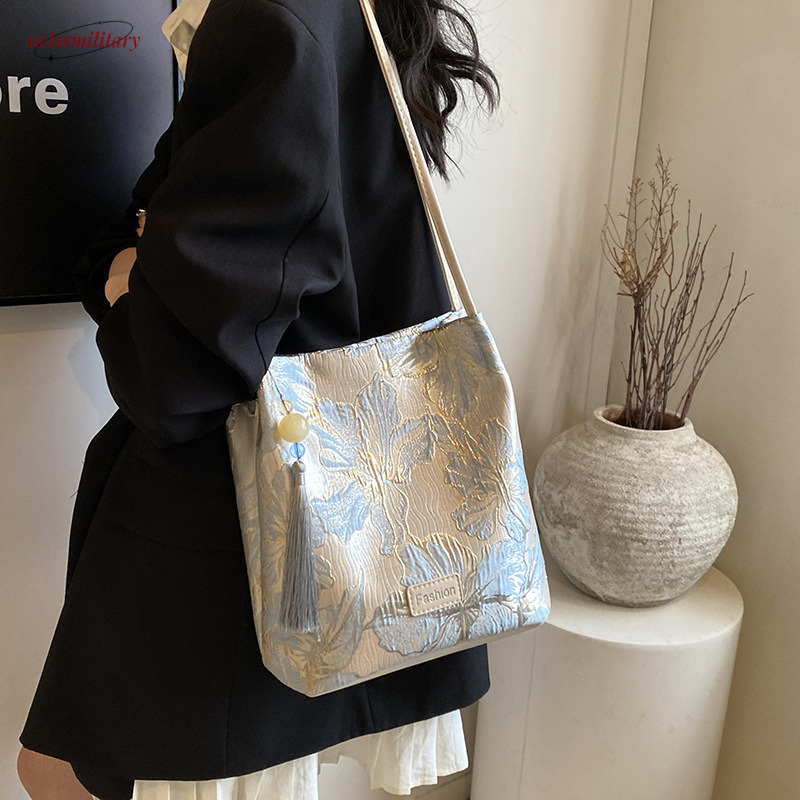 New Chinese style handbag, silk satin, high-end and versatile bucket bag, 2025 new summer women's single shoulder crossbody underarm bag swissmil