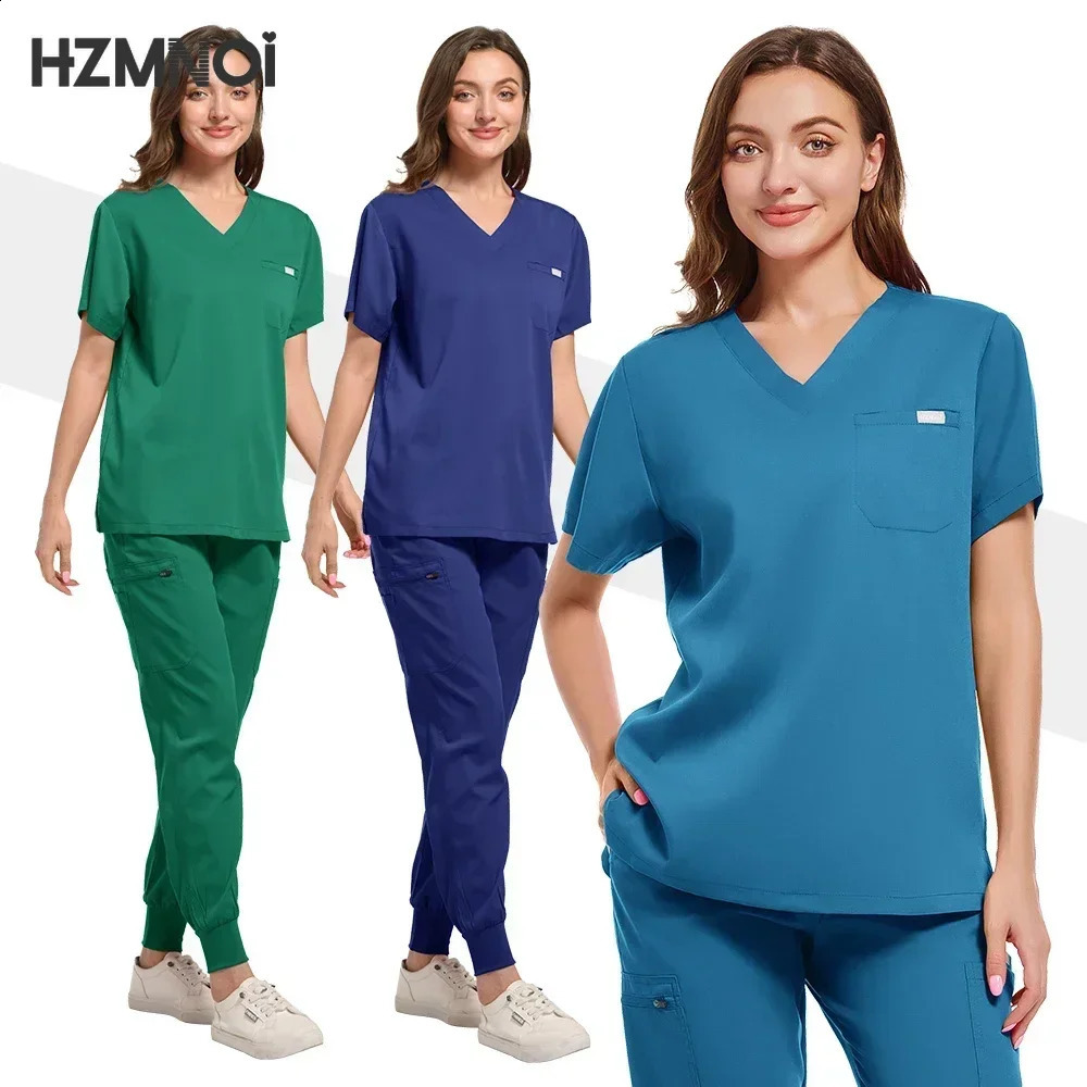 High Quality Nursing Scrubs Women Uniforms Pet Grooming Scrub Set Short Sleeved V-neck Top and Pants Surgery Work Clothes 241230