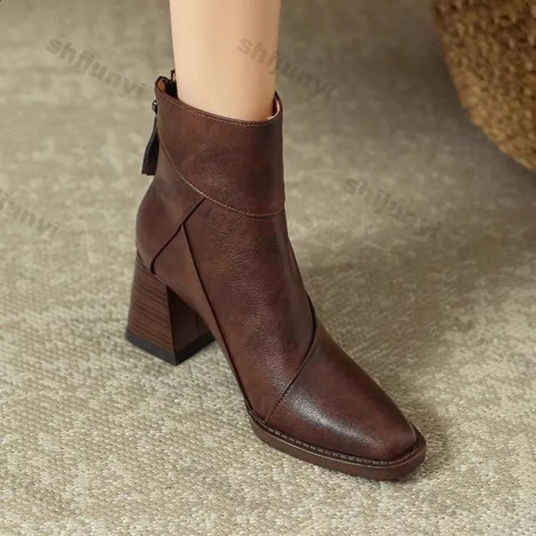 Woman Chunky Ankle Boots Women Zipper Retro Brown Soft Leather Short Boot Autumn Square Toe Casual High Heel Booties Mujer 241231