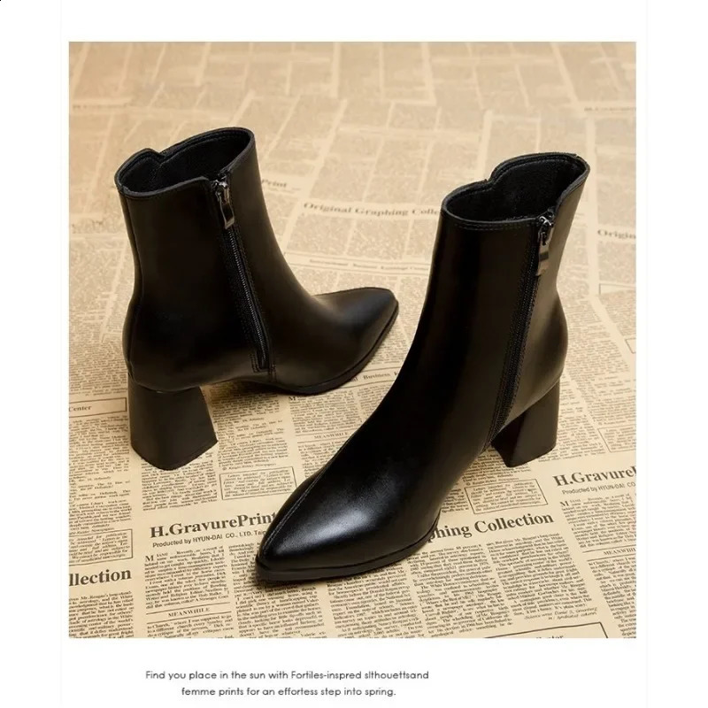 Spring and Autumn British Style Thin and Thin Womens Boots Pointed Toe Thin Side Zipper Black Nude Boots Women 241231