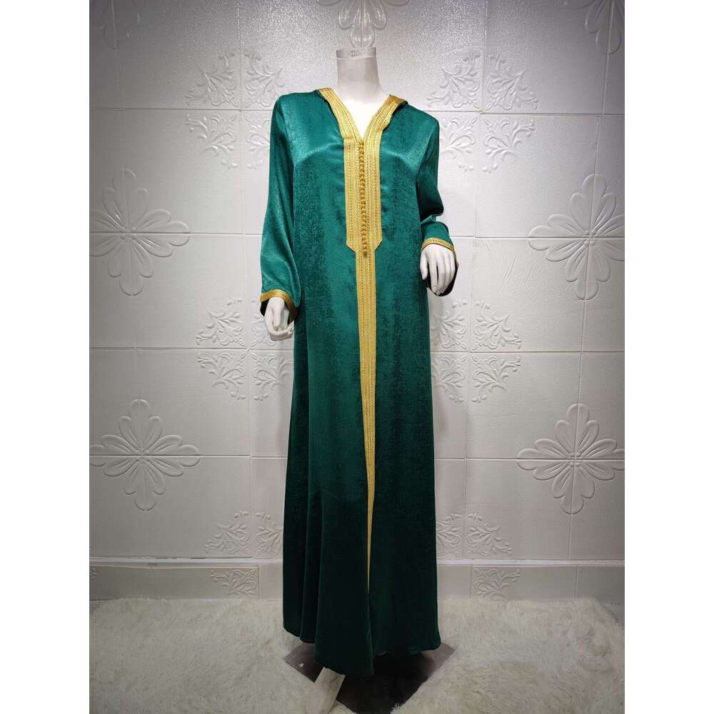 Ab034 Dubai Champagne Hooded Lace Suede Muslim Robe Women Abaya