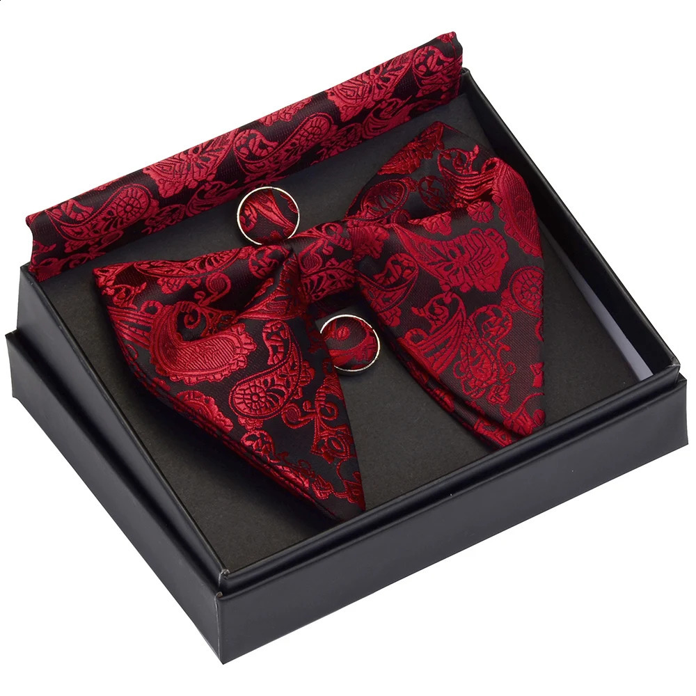 Fashion Silk Big Bowtie Handkerchief Cufflinks Set Bule Black Paisley Floral Jacquard Hanky Bow Ties For Men Business With Box 241230