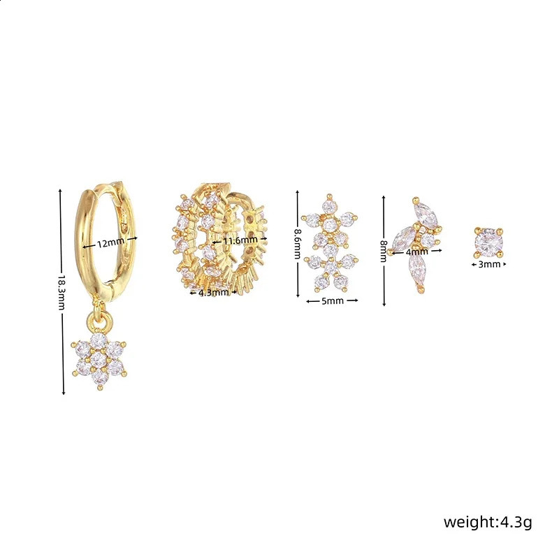 Exquisite Gold Color Star Dangle Earrings Women Fine Zircon Piercing Flower Stud Earrings Set Fashion Jewelry Gift Wholesale 241230