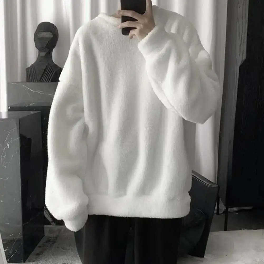 Lamb Wool Fleece Men Sweatshirt O Neck Loose Cozy Winter Pullovers Push Lining Fluffy Winter Sweatshirt Crew Neck Loose Hoodie 241230