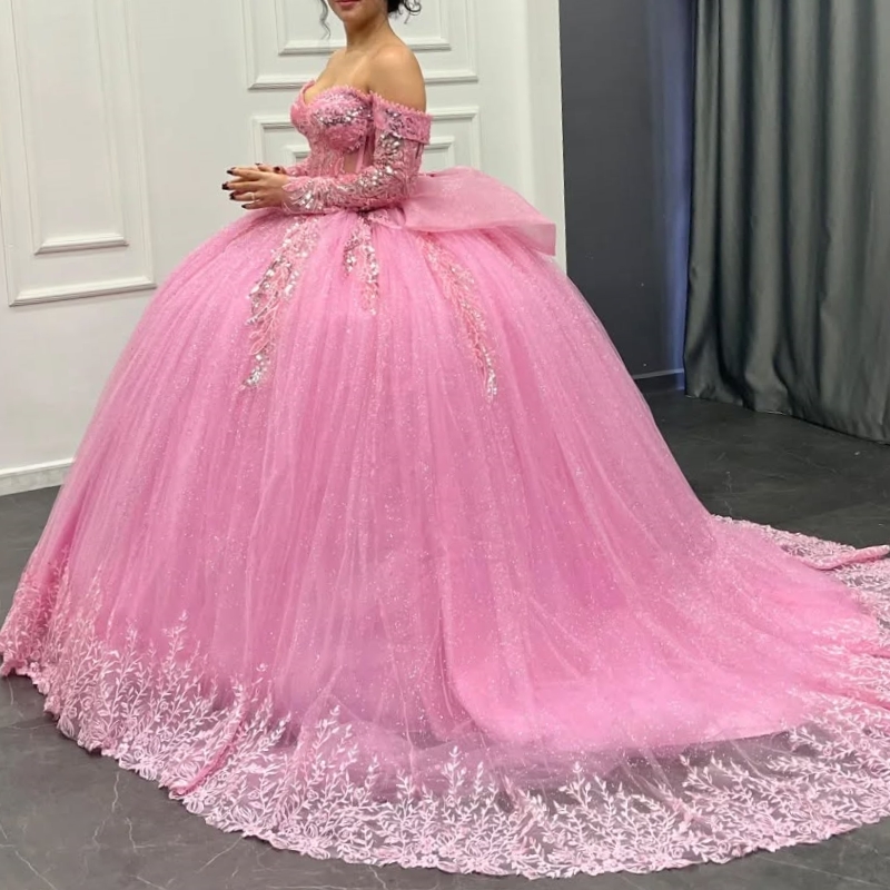Quinceanera Pink Dresses Ball Gown Off The Shoulder Applique Lace Beading Bow Tull Long Sleeves Party Birthday Sweet Vestido De Anos I