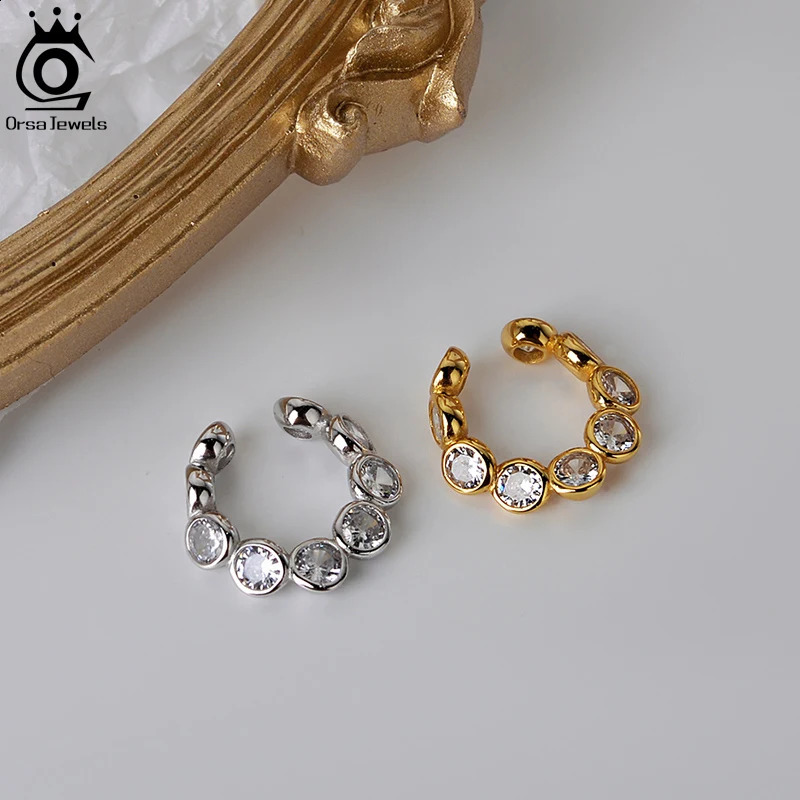 ORSA JEWELS Soild 925 Sterling Silver Circle Earring Cuff Zirconia Buckle Ear No Piercings Cartilage Earclips Accessories 1pcs 241225
