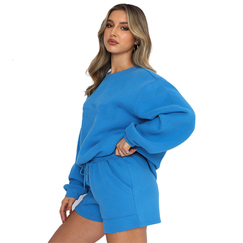 New Solid Color Women's Crewneck Sweatshirt Two-Piece Set With Casual Sports Shorts - Perfect For A Workout