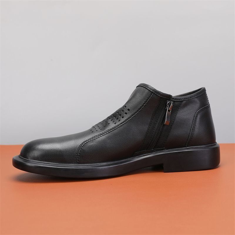 Vintage Genuine Leather Men's Casual Shoes Summer Perforated Roud Toe Thick Bottom Loafers British Style Side Zip Disnger Flats