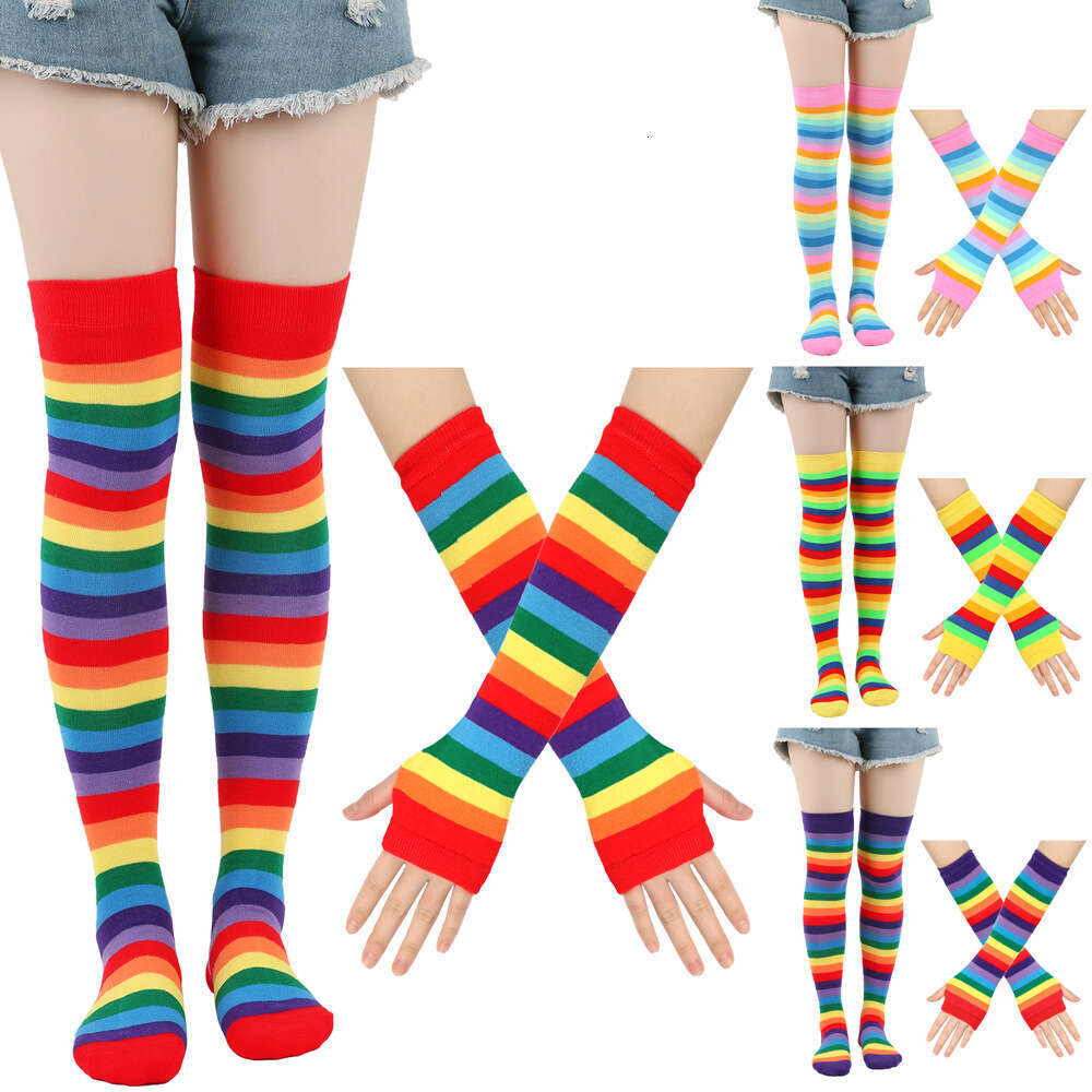 Over Knee Women's Party Rainbow Stockings Gloves Colorful Striped Socks