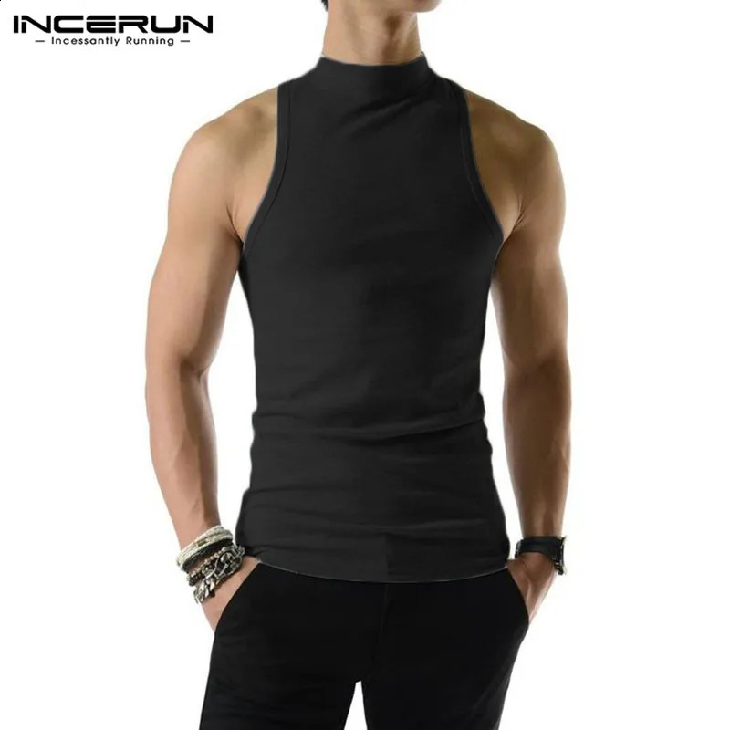 Men Tank Tops Turtleneck Sleeveless Knitted Casual Vests Summer Streetwear Solid Color Fashion Men Clothing INCERUN S-5XL 241230