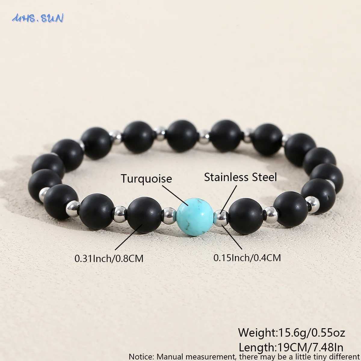 MHS. Sun Natural Stone frosted black glass elastic bead bracelet suitable for women men steel Accor yoga perseverance jewelry gifts W241231