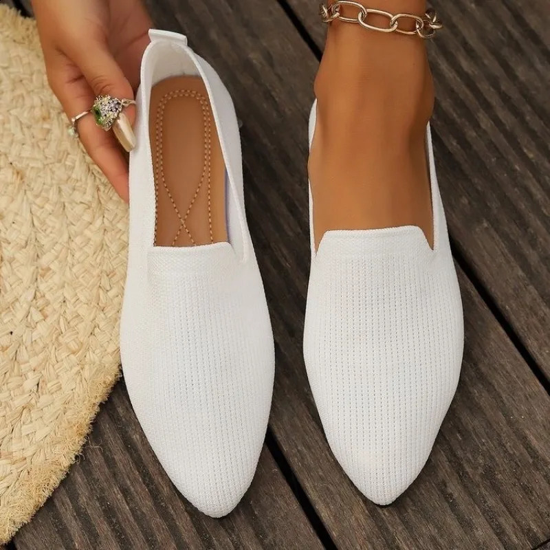 Women Solid Color Pointed Head Mesh Loafers Shallow Woman Flats Soft Bottom Knit Ballet Flat Shoes Casual Slip on Boat 241225