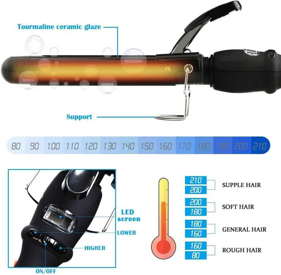 Three barrel curling iron ceramic curling iron with LCD display screen adjustable temperature three barrel curling tool fast heating W241231