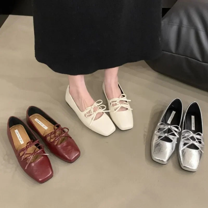 Womens Boat Shoes Square Toe Slip on Flat Double Bow Ballet Flats Girls Princess Leather Spring Zapatos Mujer 241225