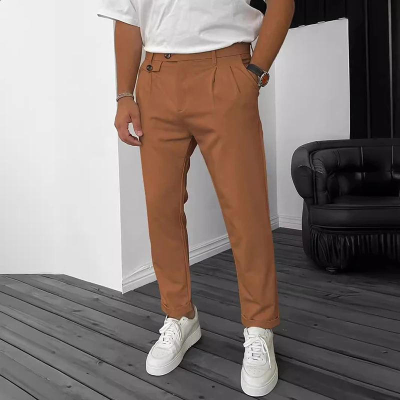 Fashion Buttoned n Pencil Pants Mens Spring Summer Casual Solid Color Straight Trousers For Men Vintage Pleated 241230Z