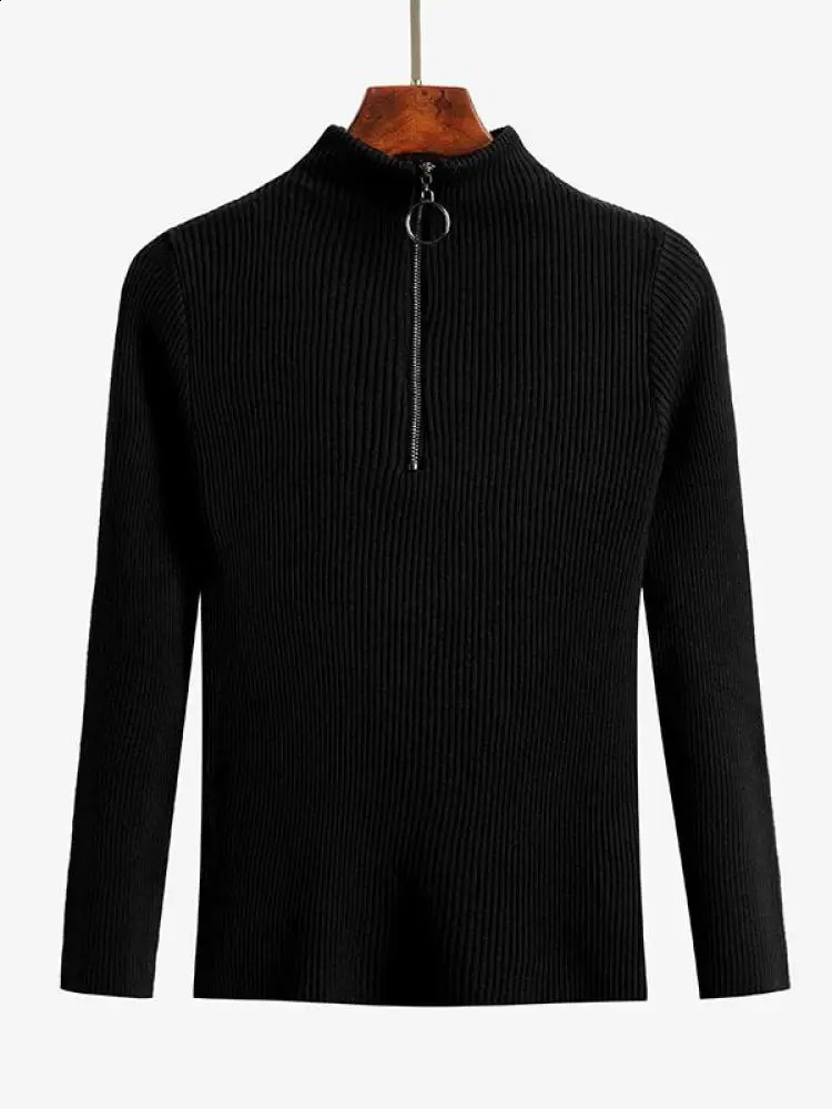 Women Fashion Solid Knitted Sweaters Vintage Long Sleeve Zipup Basic Half Turtleneck Sweater Female Pullovers Chic Casual Tops 241230
