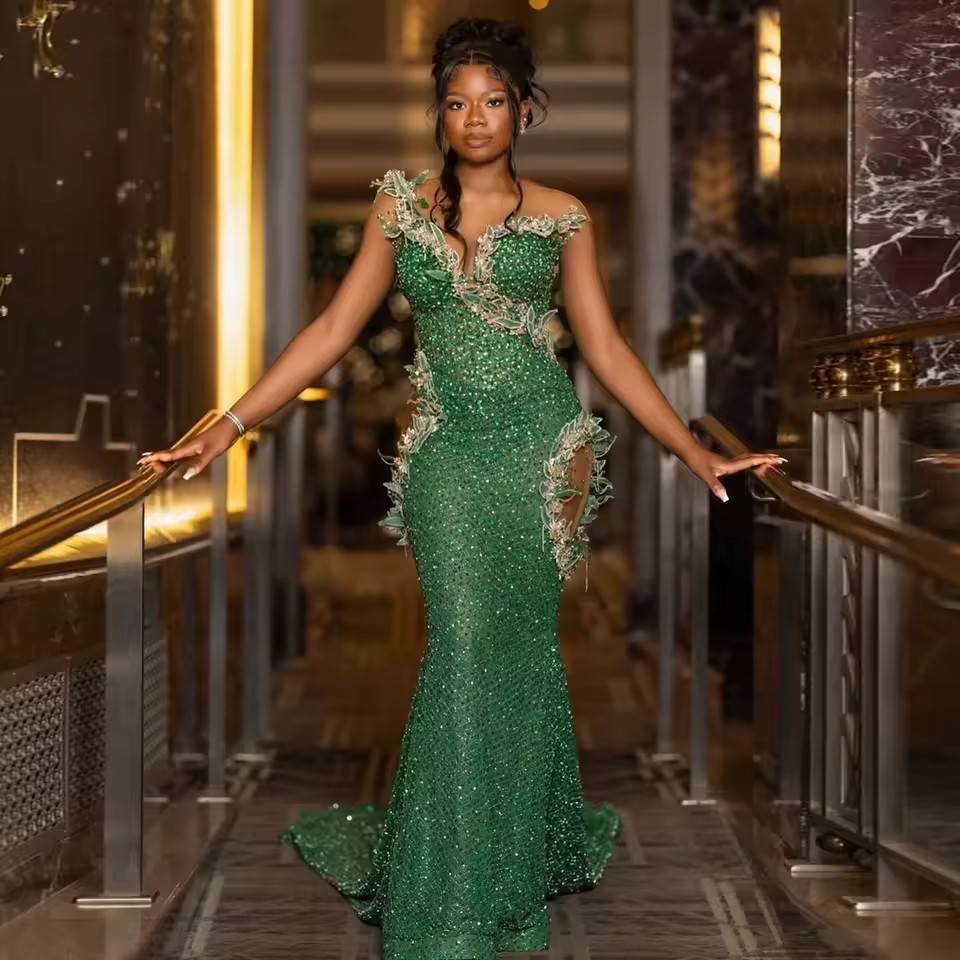 African Beading Prom Party Dresses With Hand Ral Cut-Out Mermaid Aso Ebi Evening Reception 3D Wer Birthday Dress 0218