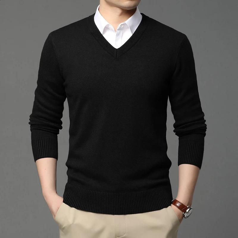 High Quality Fashion Woolen Knit Pullover V Neck Sweater Black For Men Autum Winter Casual Jumper Men Clothes 241230
