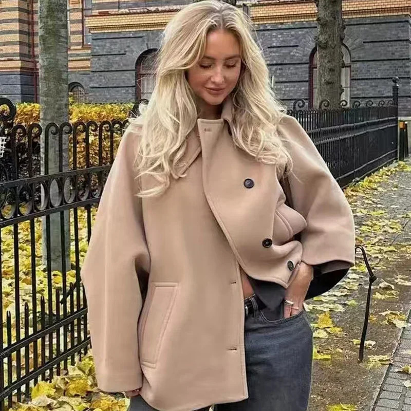 TRAF Womens Jacket Outerwears WOOL Blends Coats Autumn Winter Short Winds Women Tweed Suede Jackets Wool Coats and Mixtures 241230