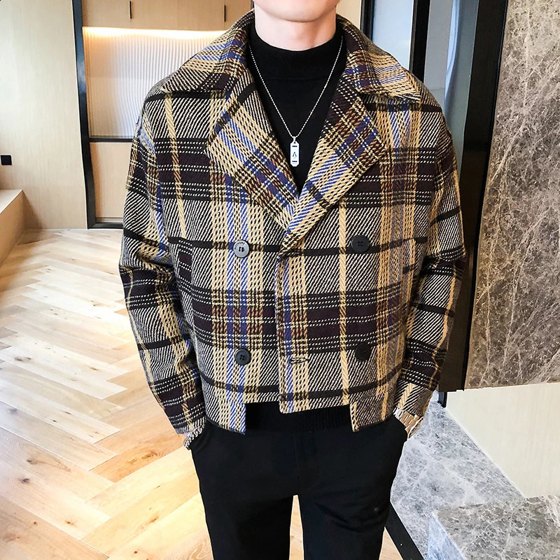 Wool Blend Trench Jackets Autumn Winter Short Loose Jacket Korean Fashion Plaid Mens DoubleBreasted Tweed Coat 241224Z