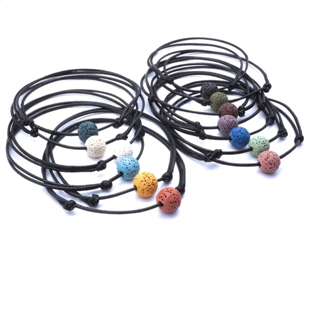 20pcs Women Men Adjustable Beach 10mm Colorful Lava Stone Bead Anklet Black Rope Braided Friendship Ankle Bracelet Jewelry 241226