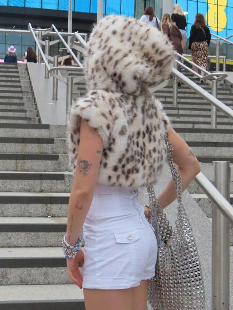 Absobe Plush Leopard Printed Hooded Crop Tank Top Women's Clothing Sleeveless Casual Small Coat 2024 Winter Y2k Outfit