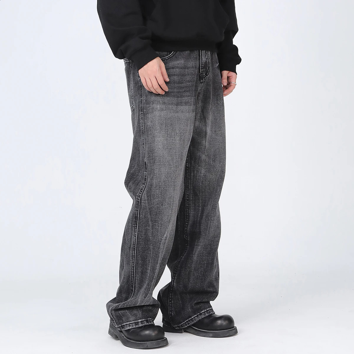 SSOUL Mens Black Plus Size Jeans Spring and Autumn Straight Loose Wide Leg Flared Pants Mens Pants 241230