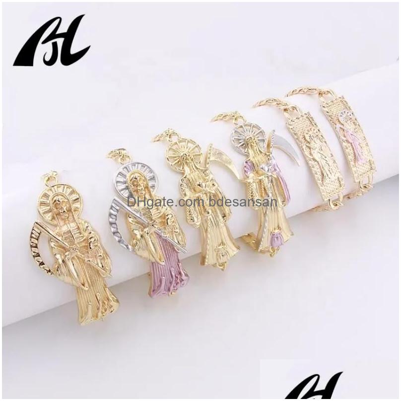Chains Men Pulseras Oro Laminado 14K 18K 23cm Gold Plated Religious Jewelry Holy Death Santa Muerte Bracelet Charms Wholesale Drop Delive Dhrqk