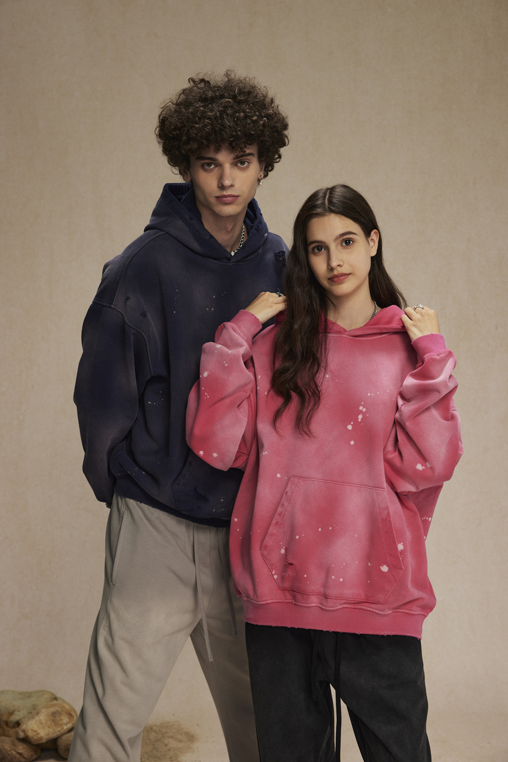 Spray-Stained Ink Holes Worn Men Women Hoodie Couples Hooded