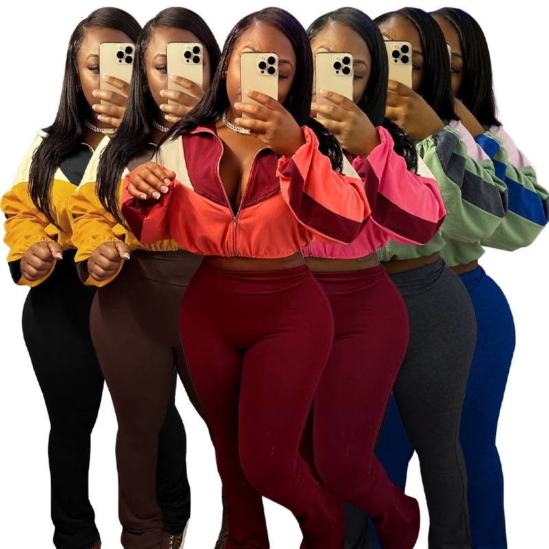 Women Tracksuits Two Pieces Set 2025 New Sports And Casual With Color Blocking Exposed Navel High Waist And Micro Horn 6 Colours