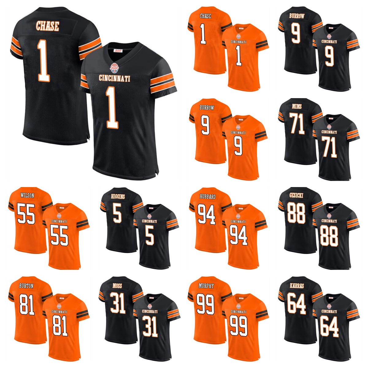 2024 Custom 9 Burrow 1 Chase Football Jersey Sam Hubbard Tee Higgins Brown Jermaine Burton Amarius Mims Zack Moss Myles Murphy