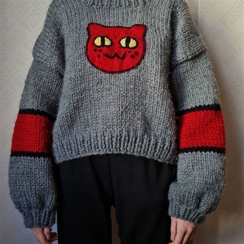 Grunge Vintage Streetwear Autumn Deeptown Black Gothic Cat Women Sweater Y2k Harajuku Japanese Fashion Oversized Knit Pullovers 241228