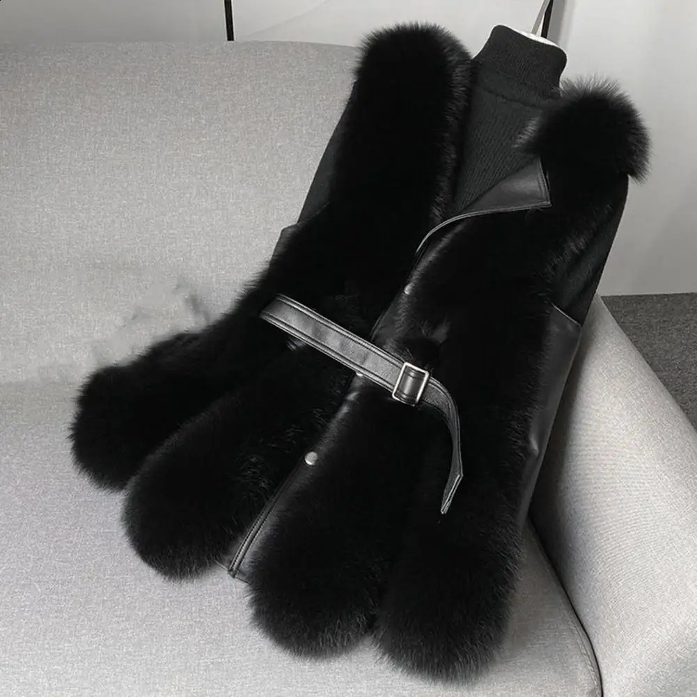 Winter Thick Fluffy Faux Fur Women Vest Coat Button Belt Patchwork Windproof Leather Sleeveless Waistcoat 241223