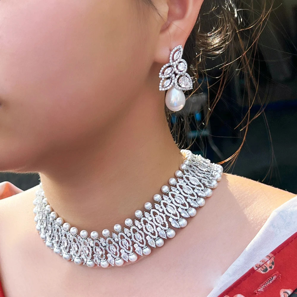 CWWZircons White Cubic Zirconia Big Choker Pearl Necklace and Earrings Wedding Bridal Party Jewelry Sets for Women T735 241231