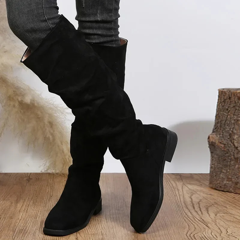 Autumn and Winter Fashion Sexy Solid Color Warm Round Toe Thick Bottom Low Heel Comfortable Womens Boots Black Botas Mujer 241231