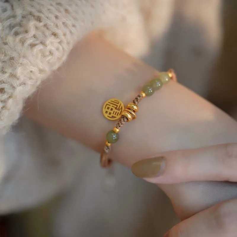 New Chinese Style Hetian Jade Pearl Bracelet Womens Retro Simple Woven Rope Adjustable Charm Bracelet Jewelry Gift W241231
