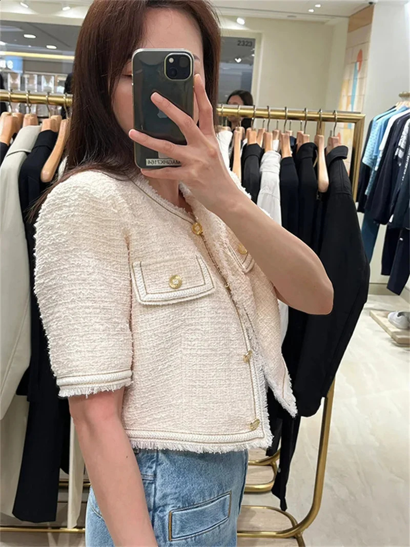 Women Trimmings Tweed Suit High Waist Straight Long Pants or O-neck Short Sleeve Coat Lady Spring Set 241230
