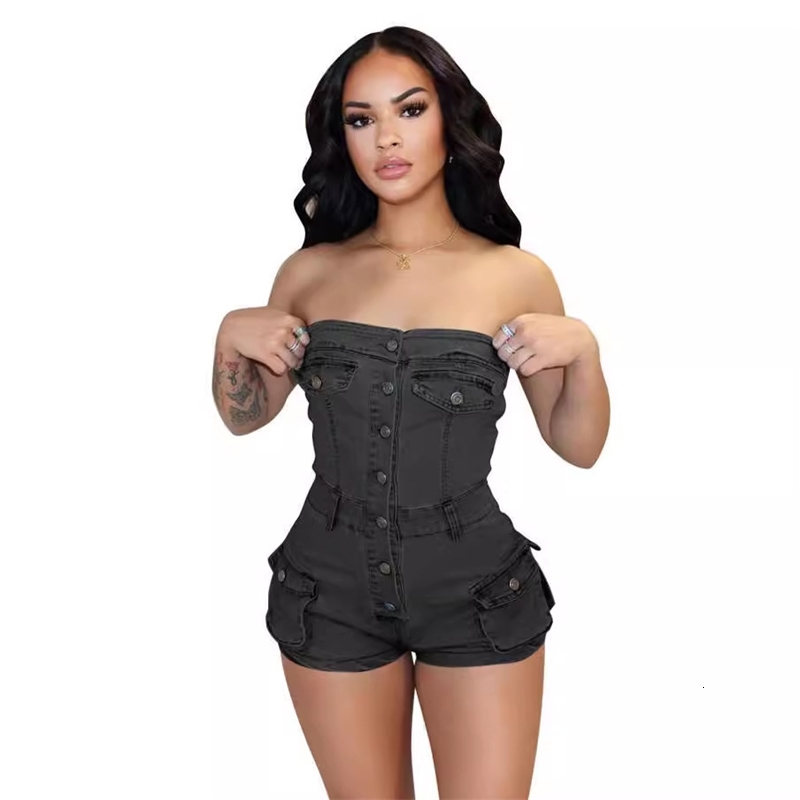 Women Jumpsuits Designer 2025 New Summer Denim Rompers Strapless Elastic Jumpsuit Shorts 2 Colours