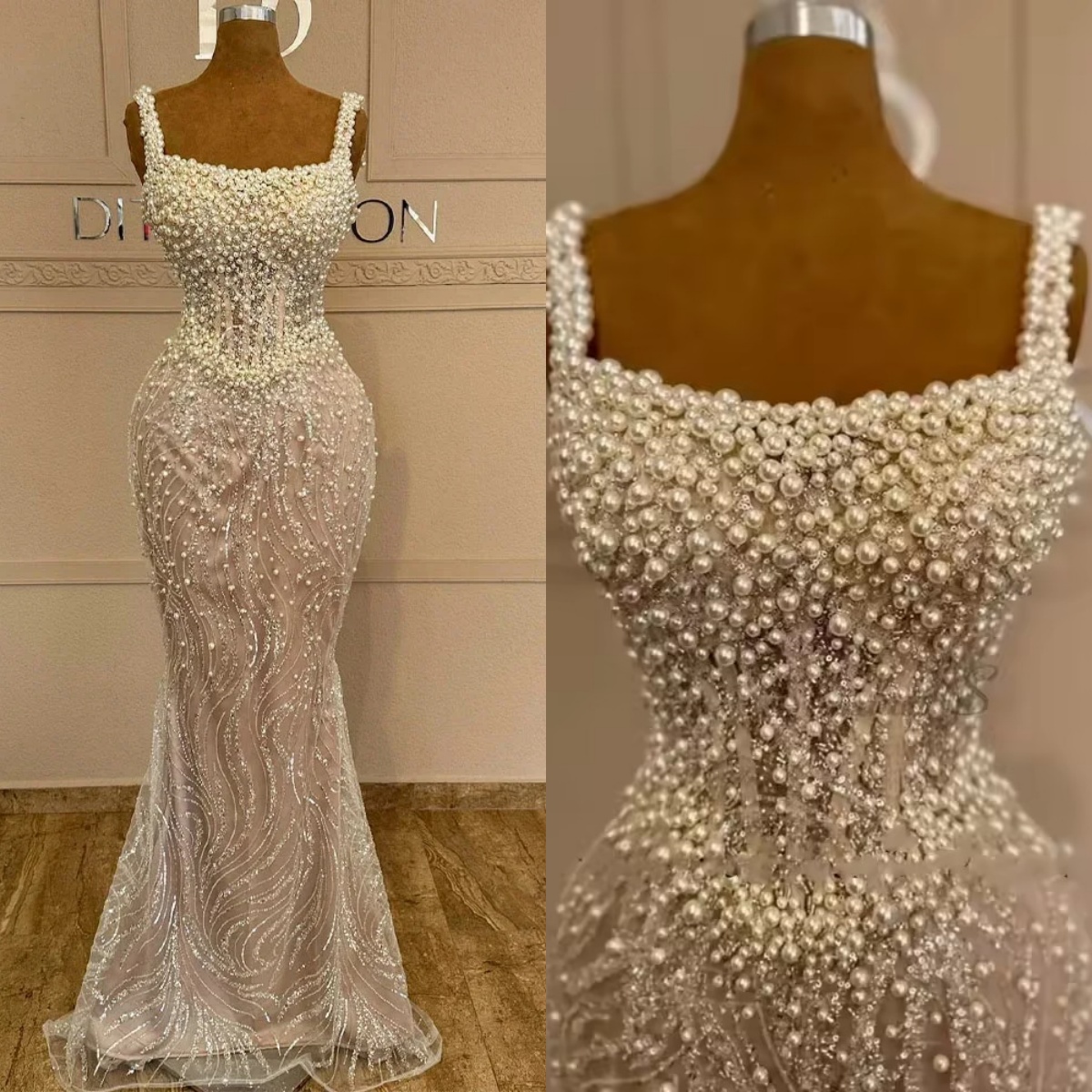 Elegant Evening Dresses For Women Square Neck Sleeveless Gown Sequins Pearls Sweep Train Customized Dress Party