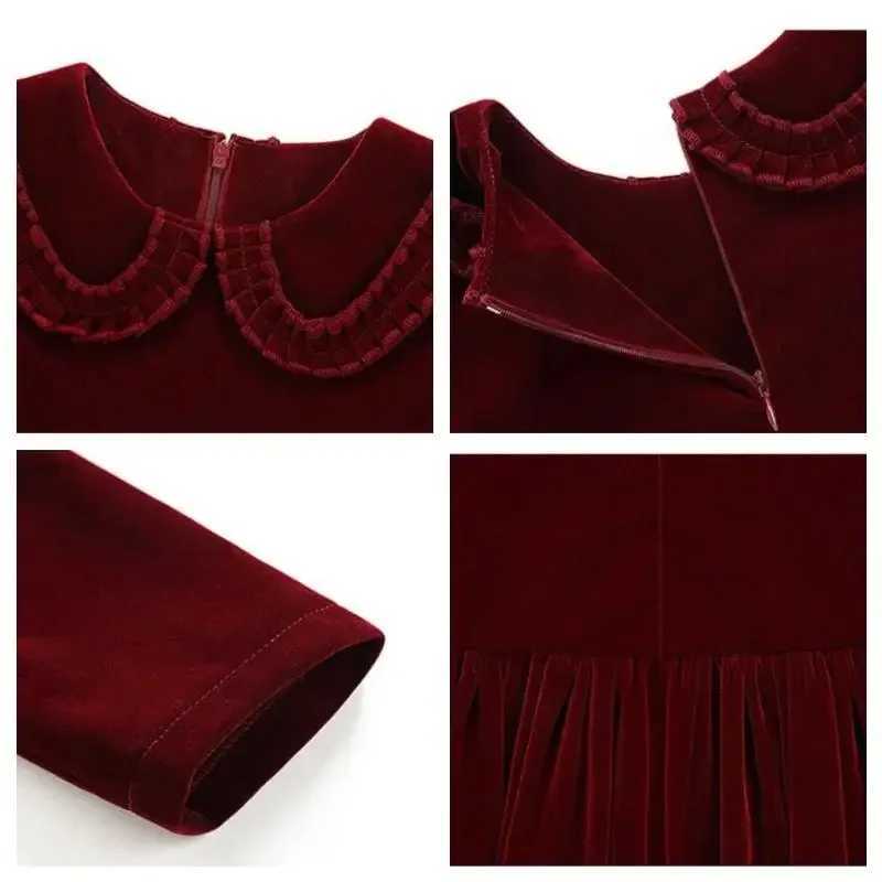 2025 Retro Velvet Womens Clothing Baby Spring Red Dress Childrens Princess Birthday Clothing New Year W241231