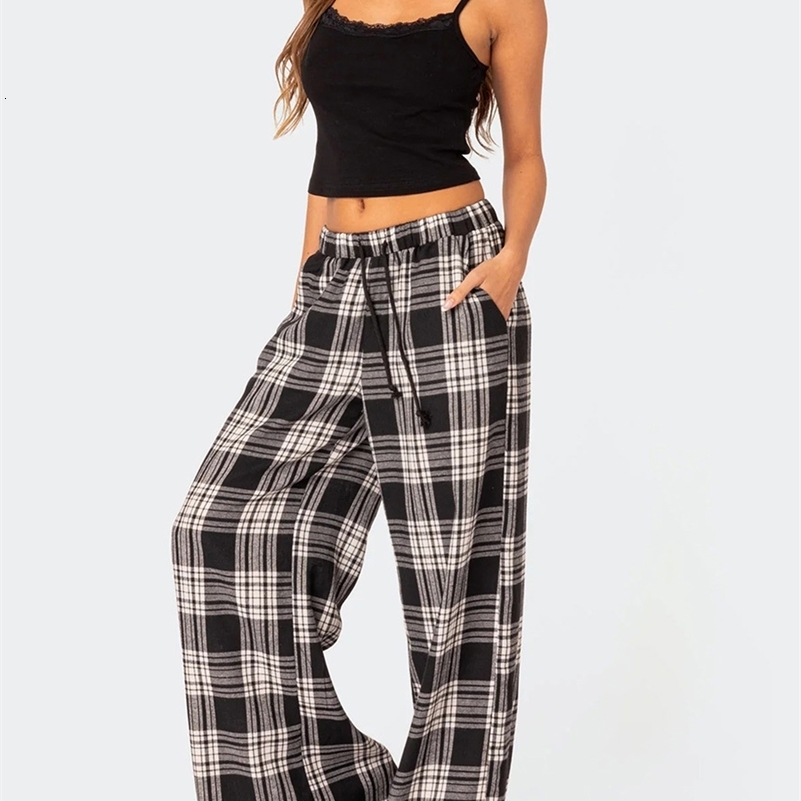 Mxiqqpltky Plaid Pants for Women Casual Pajama Elastic High Waist Wide Leg Cute Pj Bottoms 241228