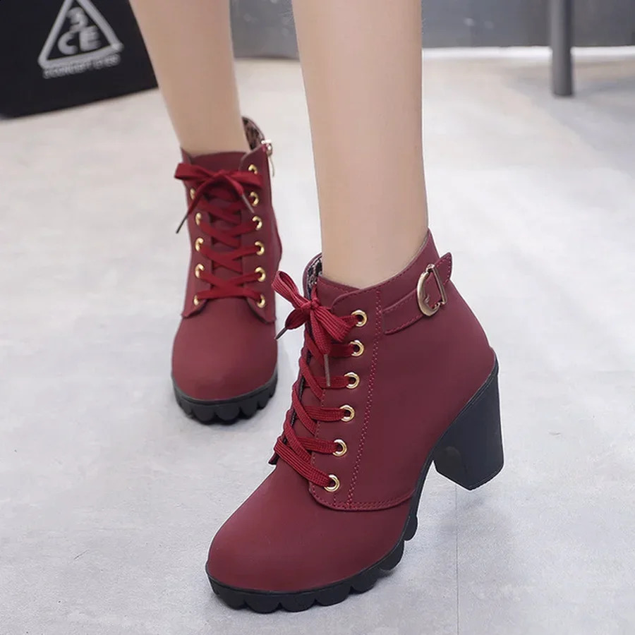 Spring Winter Women Pumps Boots High Quality Lace-up European Ladies Shoes PU High Heels Boots Fast Delivery 241231