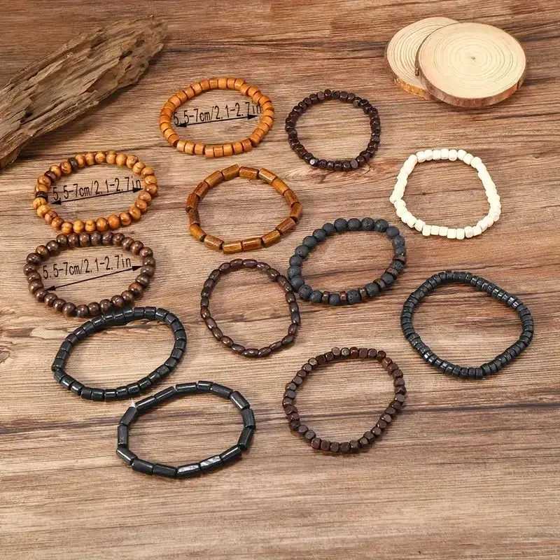 24 pieces/set mens retro Tren multi-layer bracelet set Versatile Elastic Thread wooden bead bracelet W241231