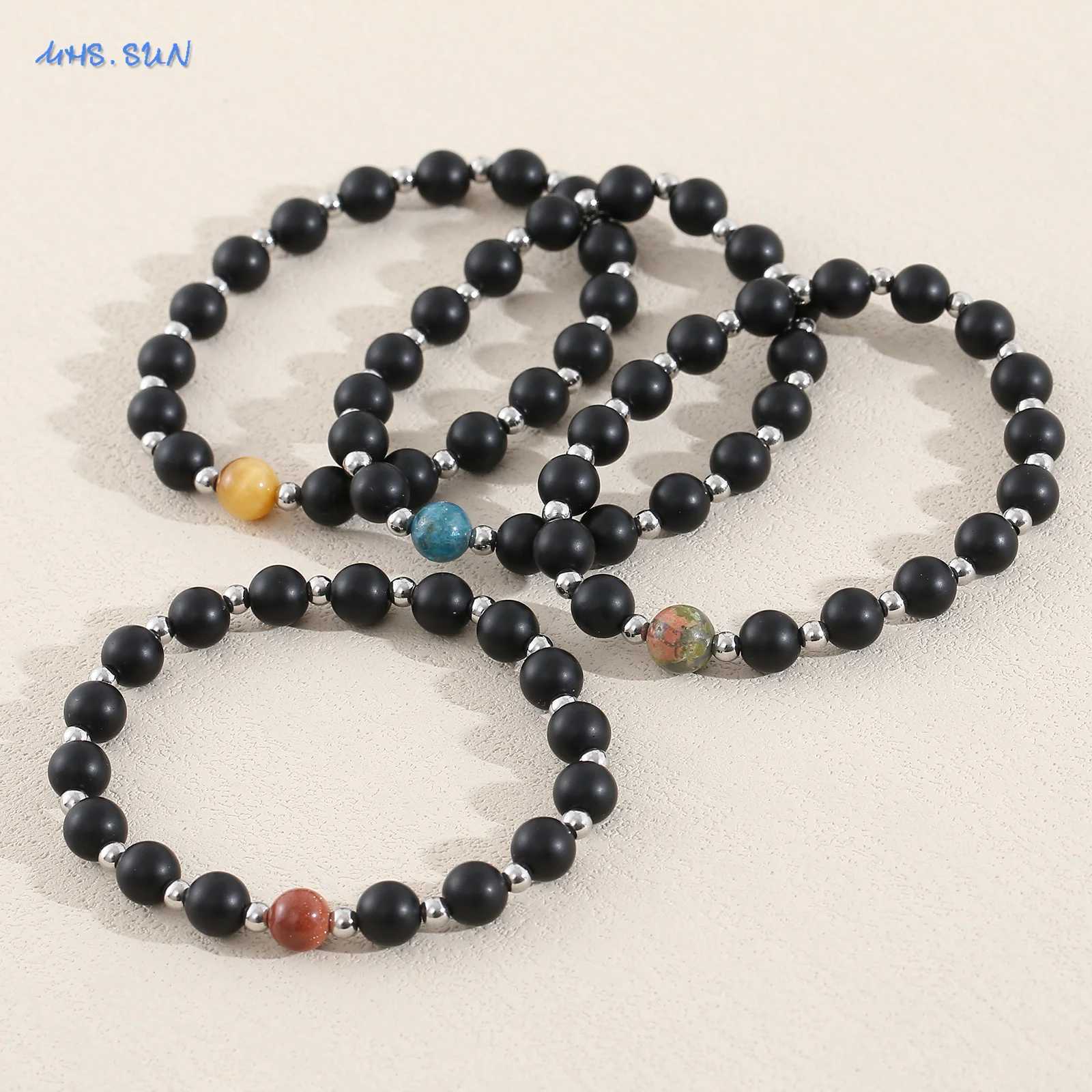 MHS. Sun Natural Stone frosted black glass elastic bead bracelet suitable for women men steel Accor yoga perseverance jewelry gifts W241231