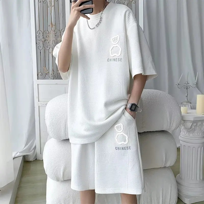 6XL Large Mens Sports Suit Korean High Street Fashion Tshirt Shorts Twopiece Set Men Retro Neck Top Clothes 241223