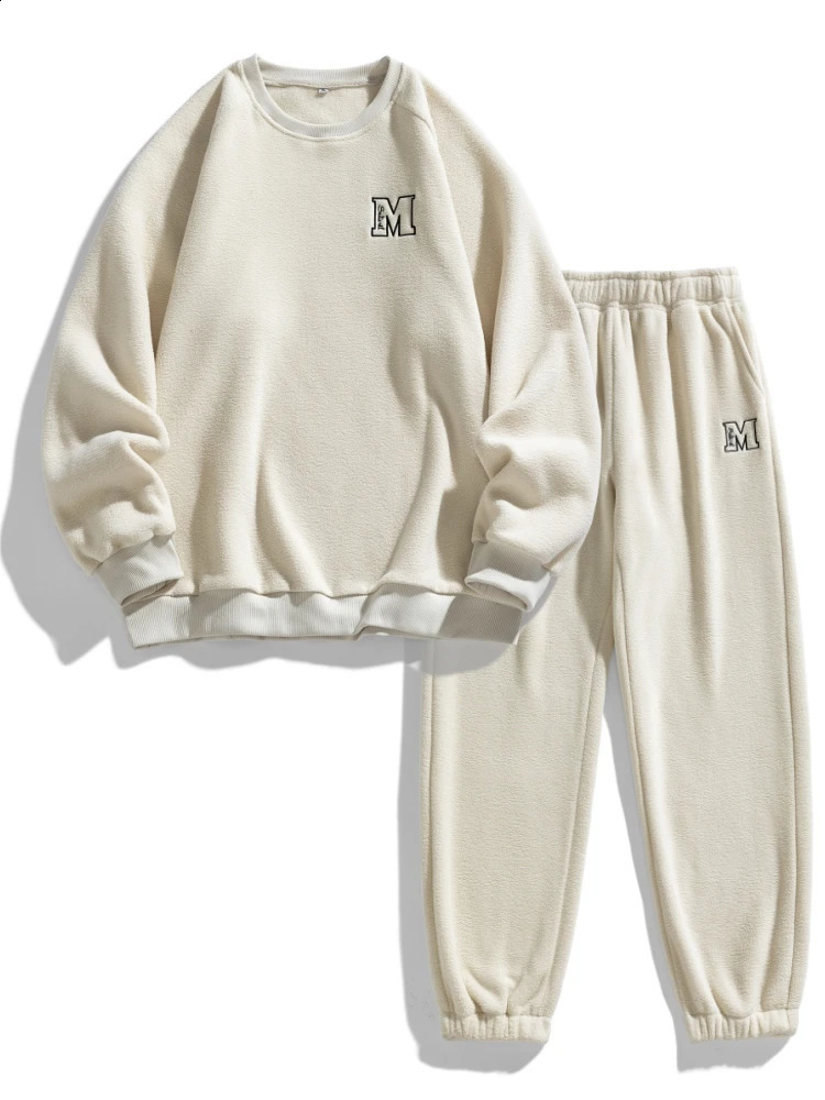 Oversize Winter Thick Warm Mens Tracksuit Polar Fleece Hoodie Pants 2 Piece Outfit Sportswear Set Men Thermal Sweat Suits 241223