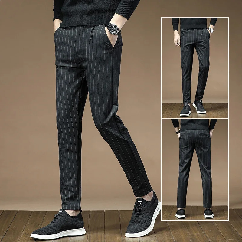 Male Business AnkleLength Straight Pencil Slacks N Leg Cropped Trouser Men Black Gray Striped Slim Fit Cool Pants 241230